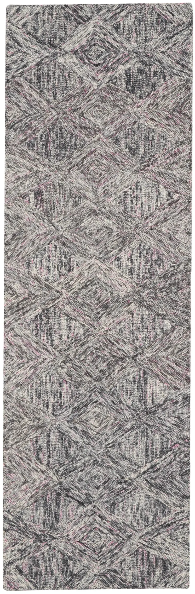 8' Black Gray and Ivory Wool Geometric Runner Rug