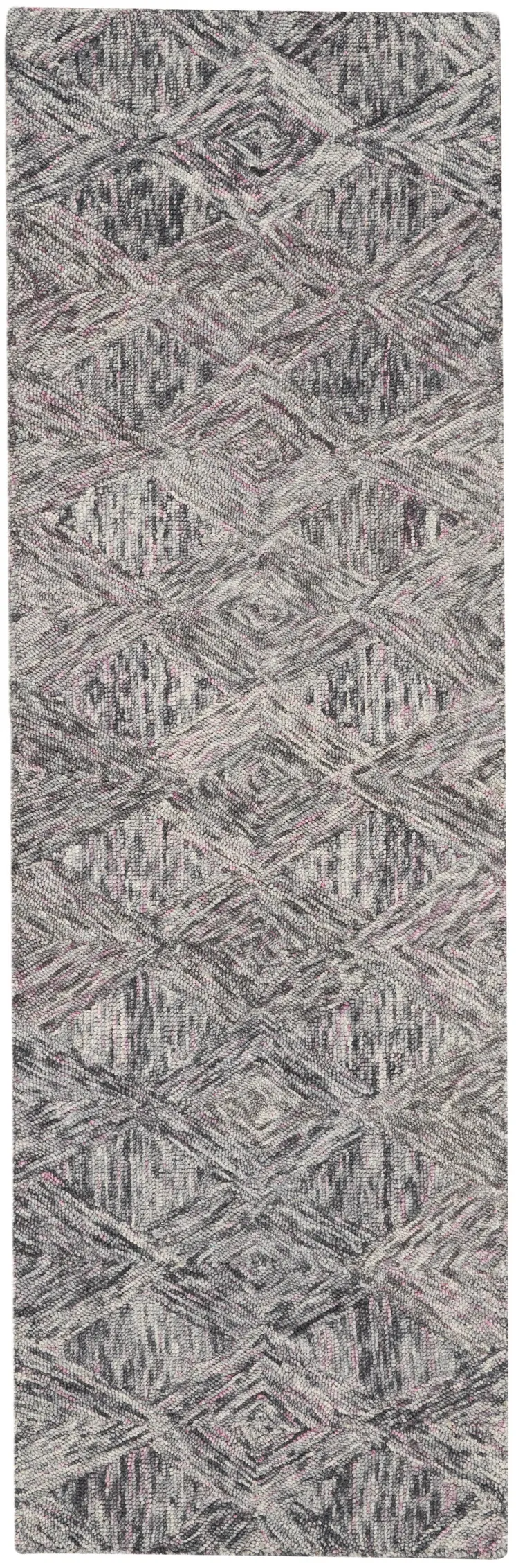 8' Black Gray and Ivory Wool Geometric Runner Rug