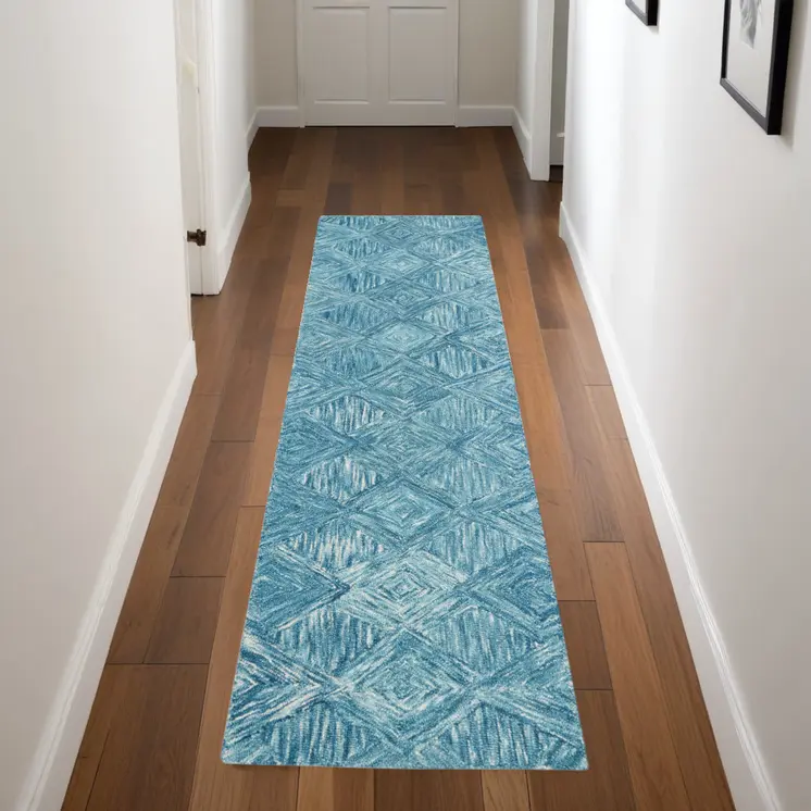 8' Blue and Ivory Wool Geometric Runner Rug
