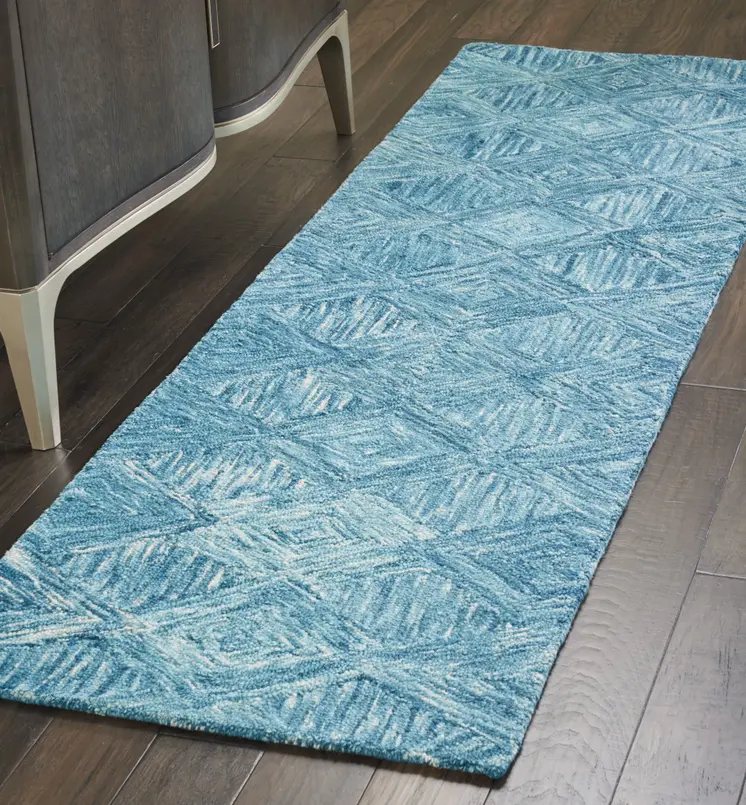 8' Blue and Ivory Wool Geometric Runner Rug