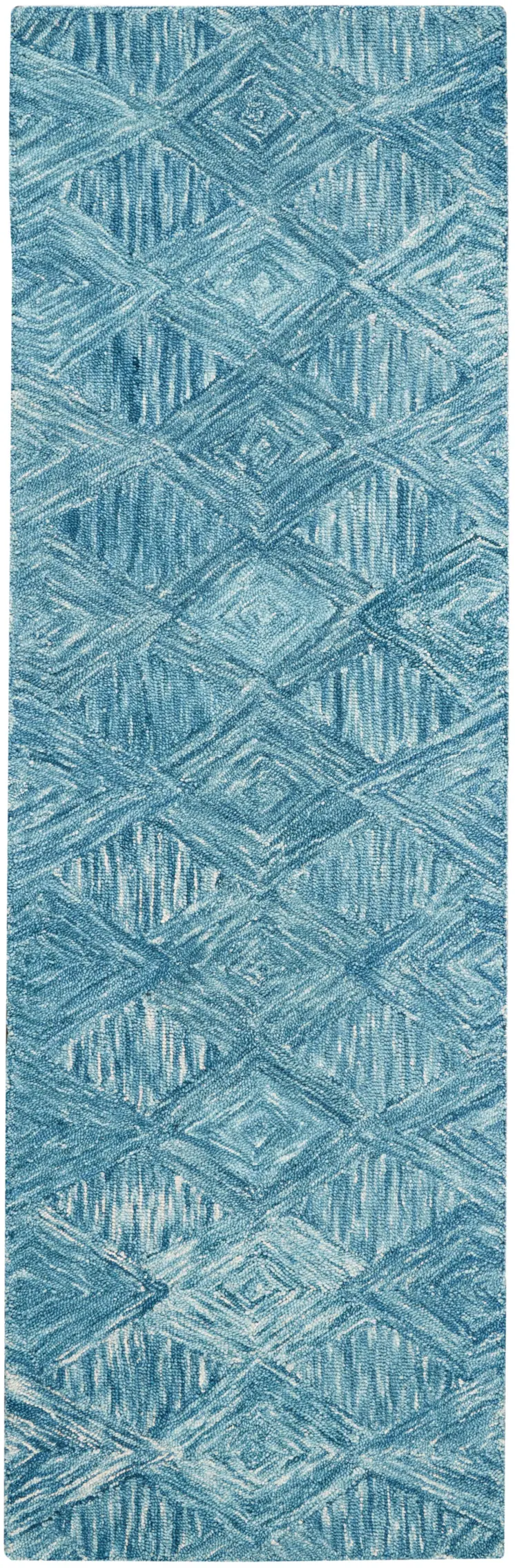 8' Blue and Ivory Wool Geometric Runner Rug