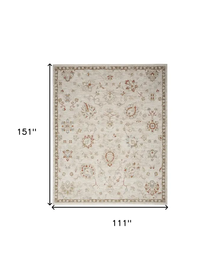 9' X 13' Cream Floral Power Loom Distressed Area Rug With Fringe
