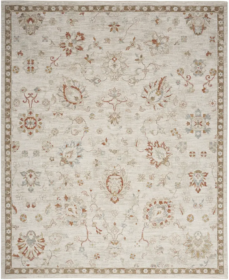 9' X 13' Cream Floral Power Loom Distressed Area Rug With Fringe