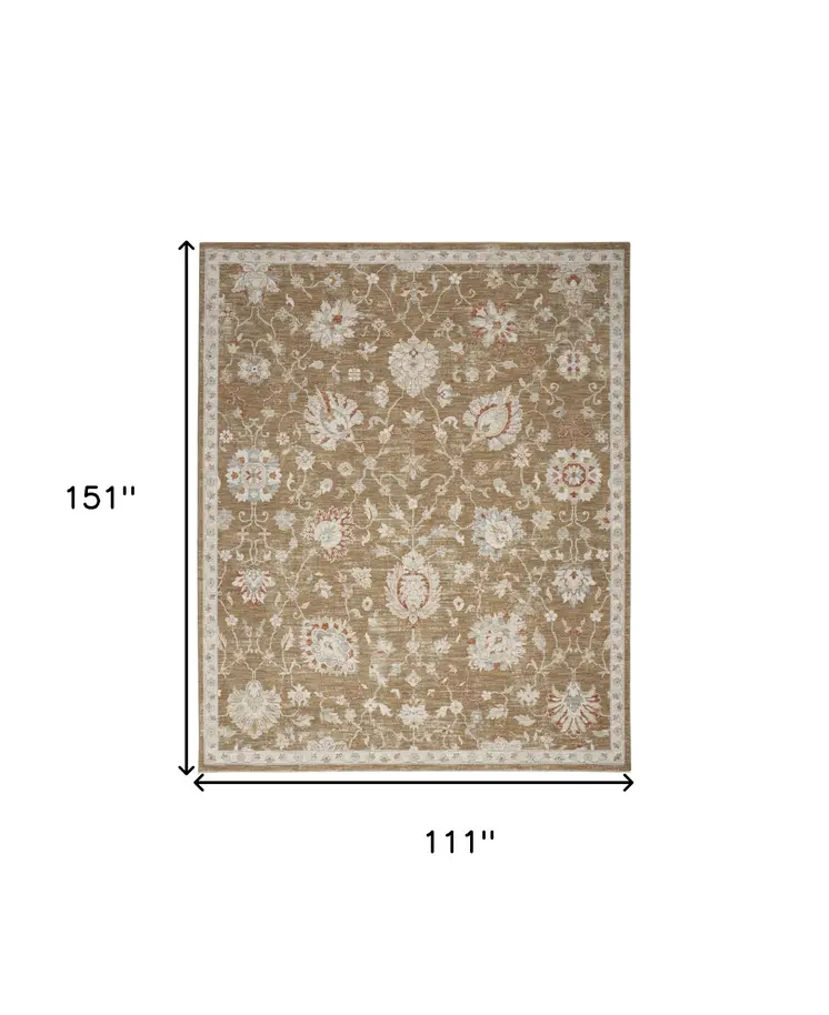 9' X 13' Brown Floral Power Loom Distressed Area Rug With Fringe
