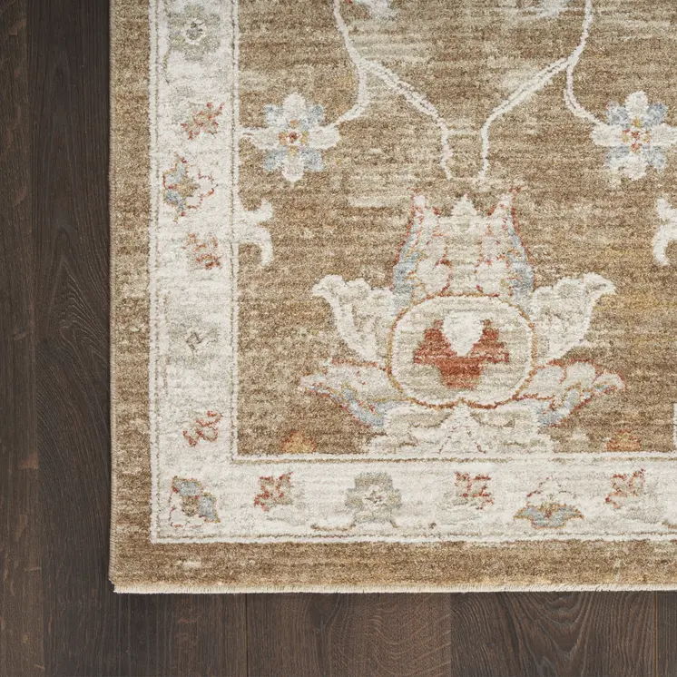 9' X 13' Brown Floral Power Loom Distressed Area Rug With Fringe