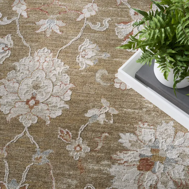 9' X 13' Brown Floral Power Loom Distressed Area Rug With Fringe