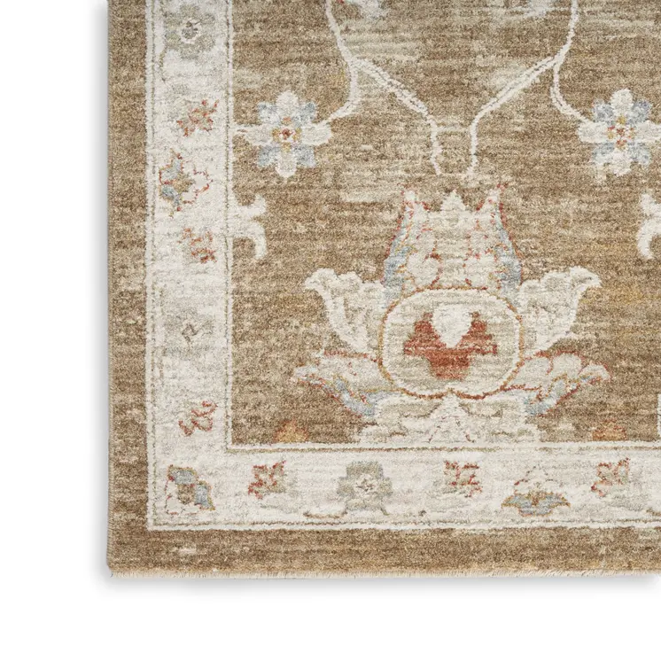 9' X 13' Brown Floral Power Loom Distressed Area Rug With Fringe