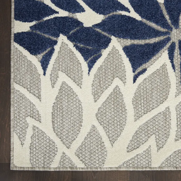 9' X 12' Gray Ivory And Navy Blue Floral Indoor Outdoor Area Rug