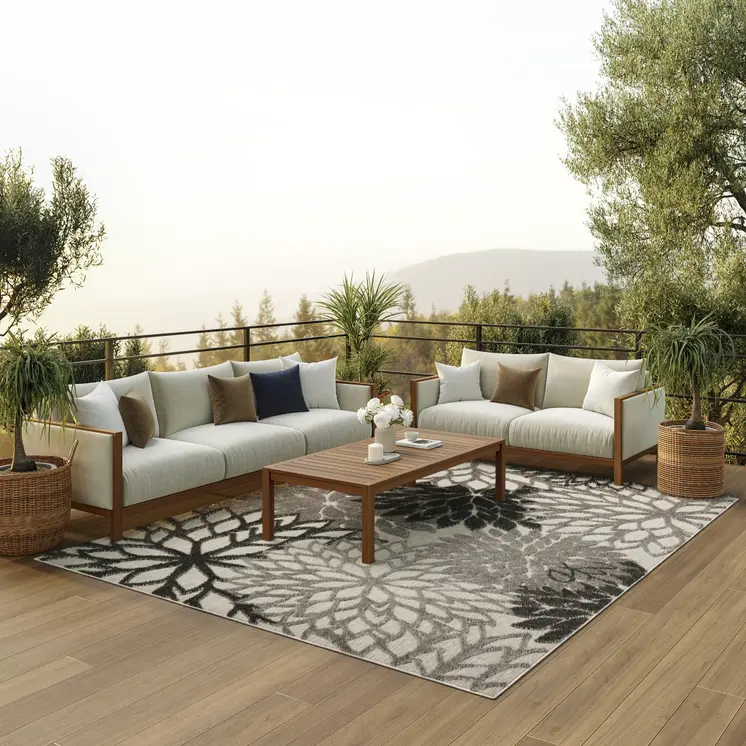 9' X 12' Gray And Silver Floral Indoor Outdoor Area Rug