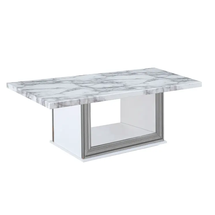 52" White And Light Gray Faux Marble And Wood Floor Shelf Coffee Table