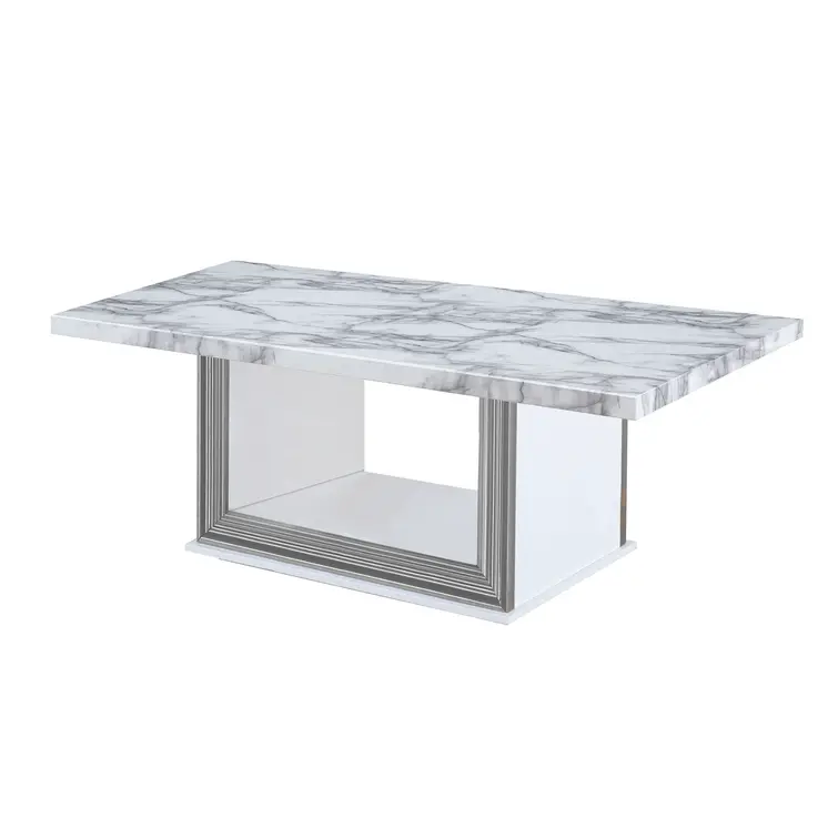 52" White And Light Gray Faux Marble And Wood Floor Shelf Coffee Table