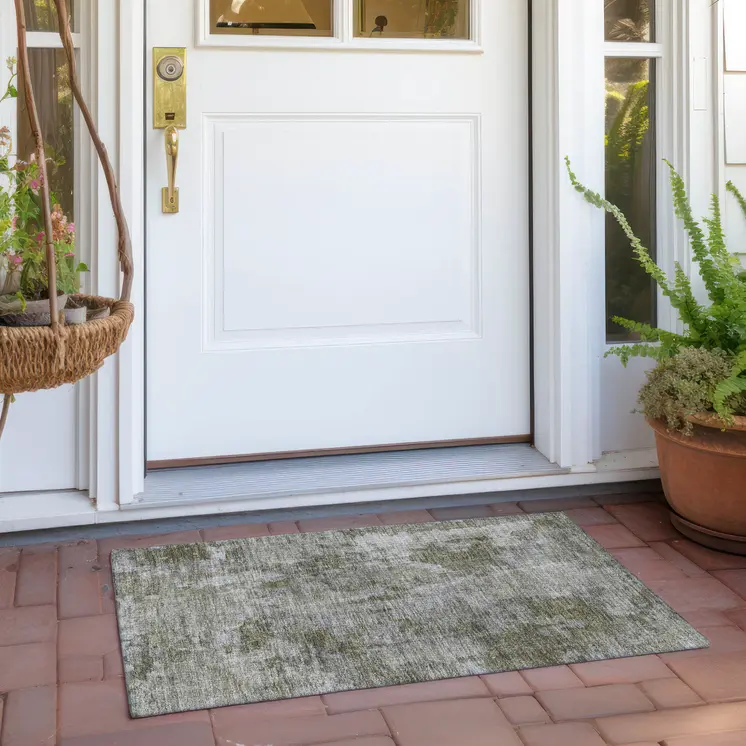 2' X 3' Green Abstract Washable Non Skid Indoor Outdoor Area Rug