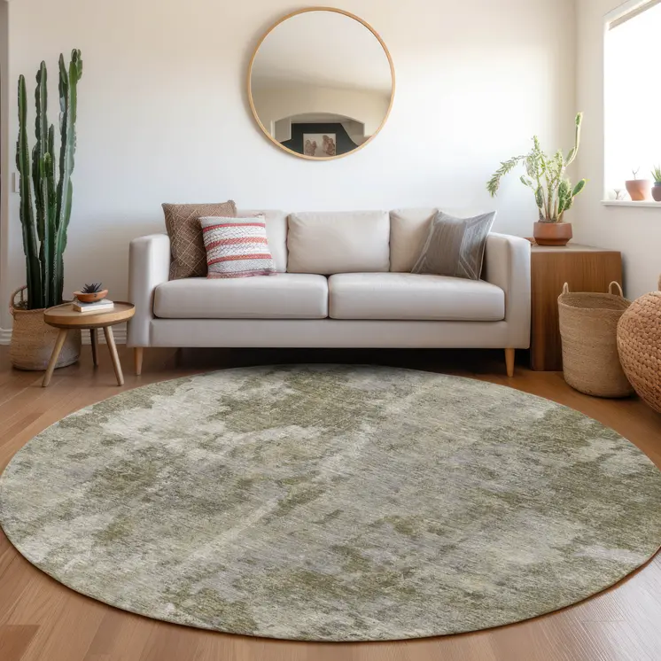 8' Round Green Round Abstract Washable Non Skid Indoor Outdoor Area Rug