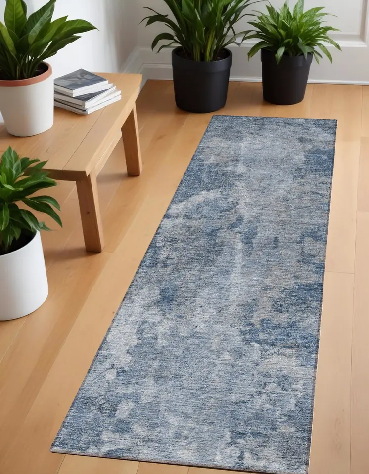 8' Runner Blue Abstract Washable Non Skid Indoor Outdoor Runner Rug