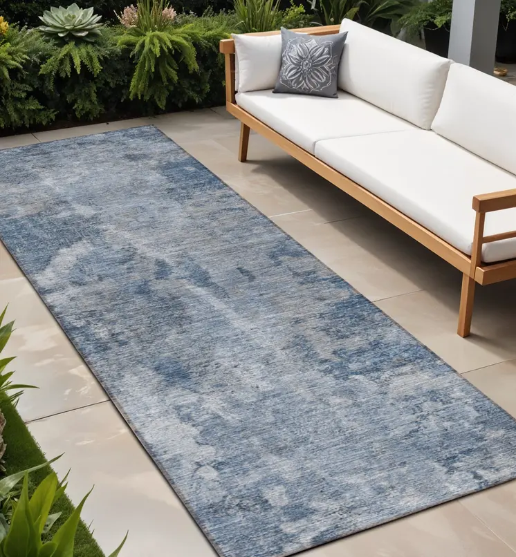 8' Runner Blue Abstract Washable Non Skid Indoor Outdoor Runner Rug