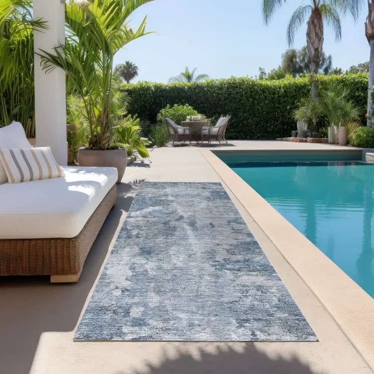 8' Runner Blue Abstract Washable Non Skid Indoor Outdoor Runner Rug