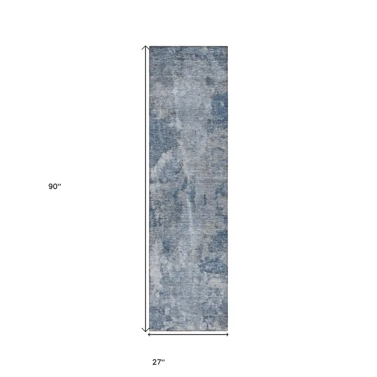 8' Runner Blue Abstract Washable Non Skid Indoor Outdoor Runner Rug