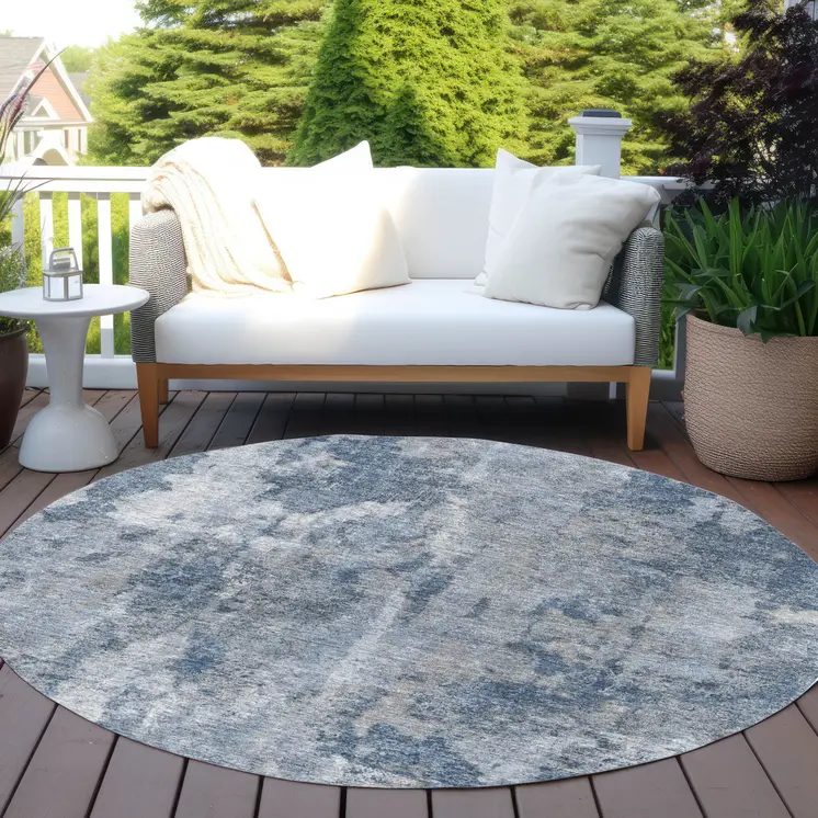 8' Round Blue Round Abstract Washable Non Skid Indoor Outdoor Area Rug