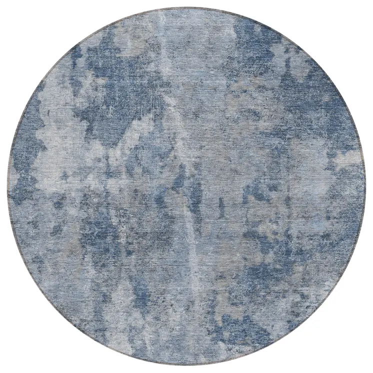 8' Round Blue Round Abstract Washable Non Skid Indoor Outdoor Area Rug