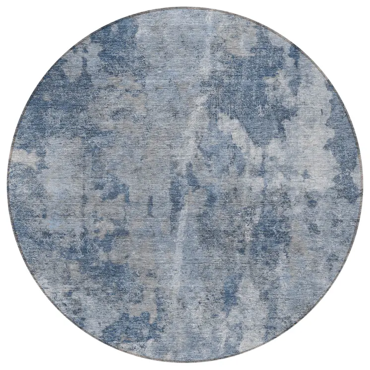 8' Round Blue Round Abstract Washable Non Skid Indoor Outdoor Area Rug