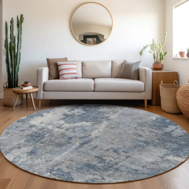 8' Round Blue Round Abstract Washable Non Skid Indoor Outdoor Area Rug