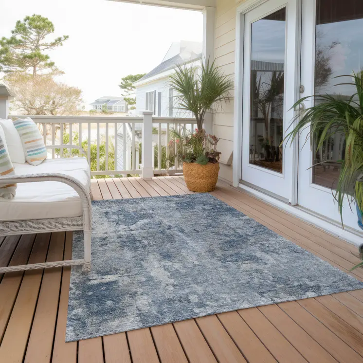 10' X 14' Blue Abstract Washable Non Skid Indoor Outdoor Area Rug