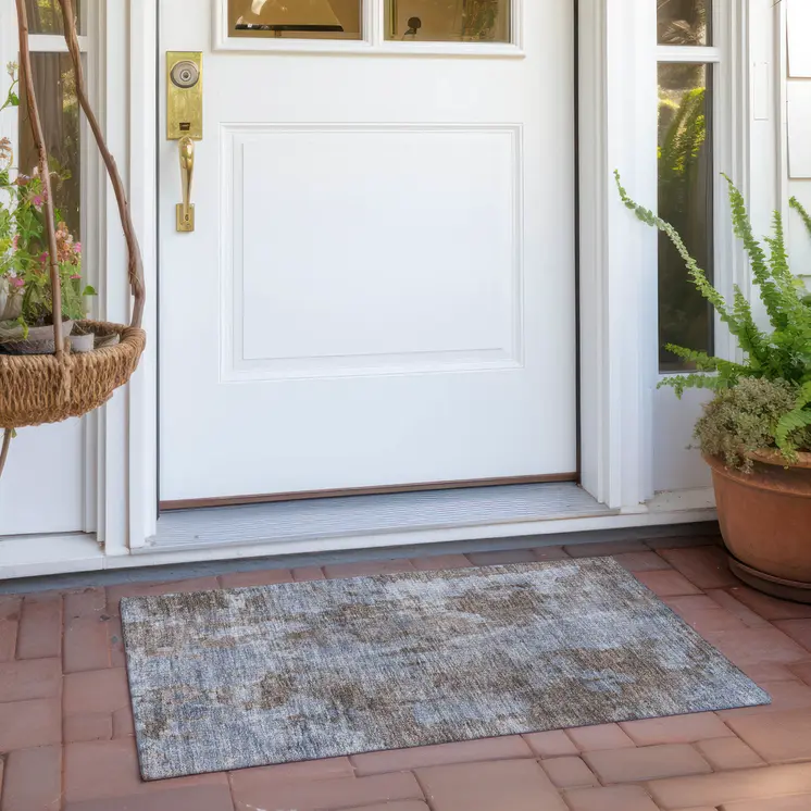 2' X 3' Mocha and Blue Abstract Washable Non Skid Indoor Outdoor Area Rug