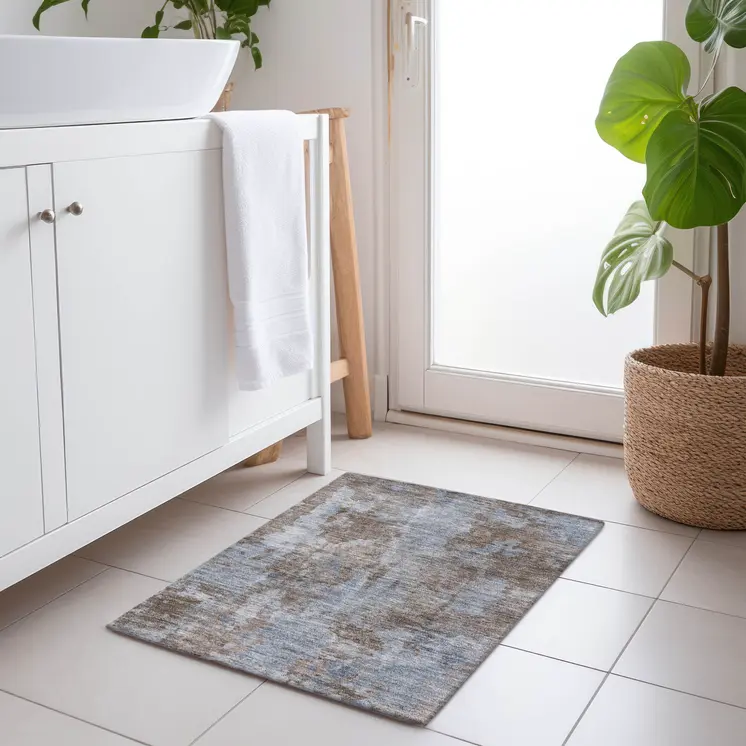 2' X 3' Mocha and Blue Abstract Washable Non Skid Indoor Outdoor Area Rug