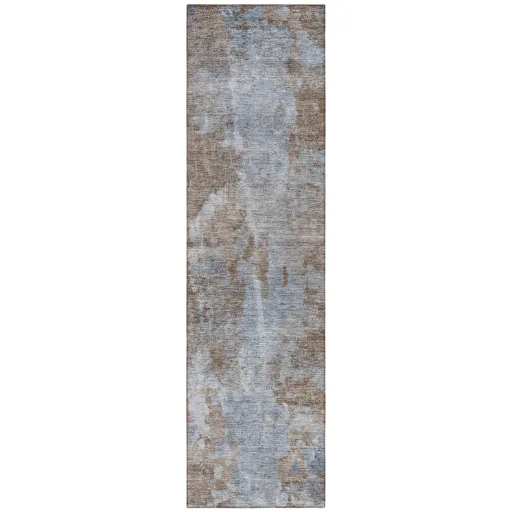 8' Runner Mocha and Blue Abstract Washable Non Skid Indoor Outdoor Runner Rug
