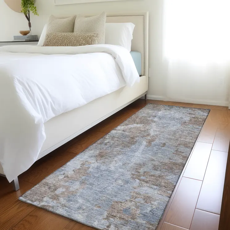 8' Runner Mocha and Blue Abstract Washable Non Skid Indoor Outdoor Runner Rug