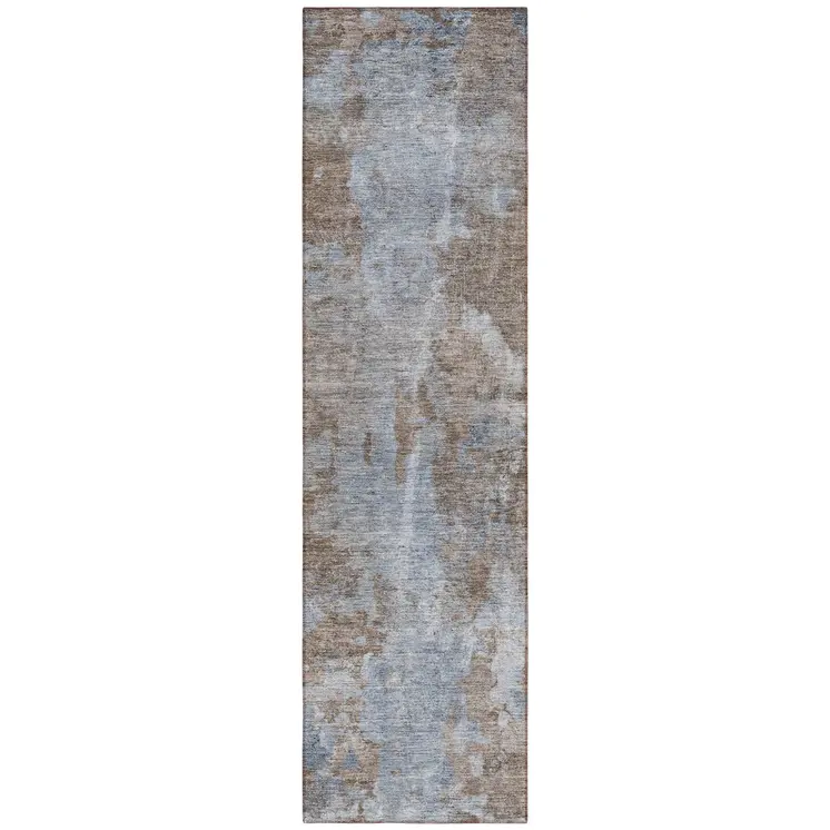 8' Runner Mocha and Blue Abstract Washable Non Skid Indoor Outdoor Runner Rug