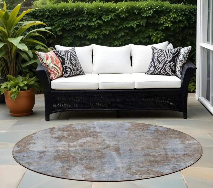 8' Blue Round Abstract Washable Indoor Outdoor Area Rug
