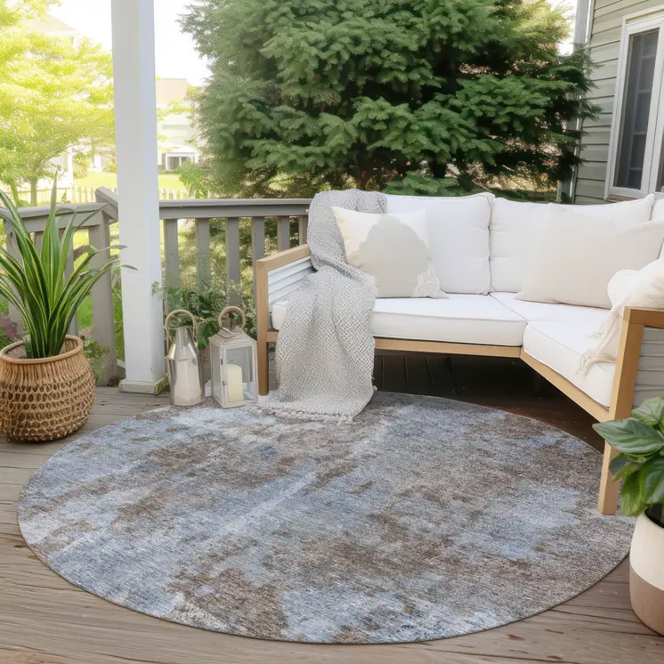 8' Blue Round Abstract Washable Indoor Outdoor Area Rug