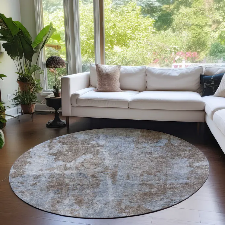 8' Blue Round Abstract Washable Indoor Outdoor Area Rug