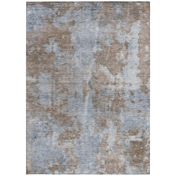 8' X 10' Mocha and Blue Abstract Washable Non Skid Indoor Outdoor Area Rug