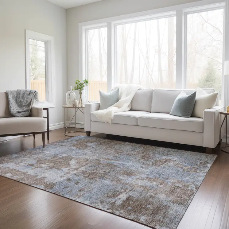 8' X 10' Mocha and Blue Abstract Washable Non Skid Indoor Outdoor Area Rug