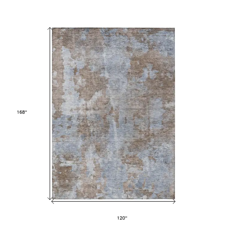 10' X 14' Mocha and Blue Abstract Washable Non Skid Indoor Outdoor Area Rug