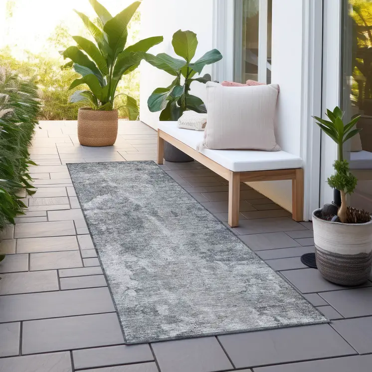 8' Runner Gray Abstract Washable Non Skid Indoor Outdoor Runner Rug