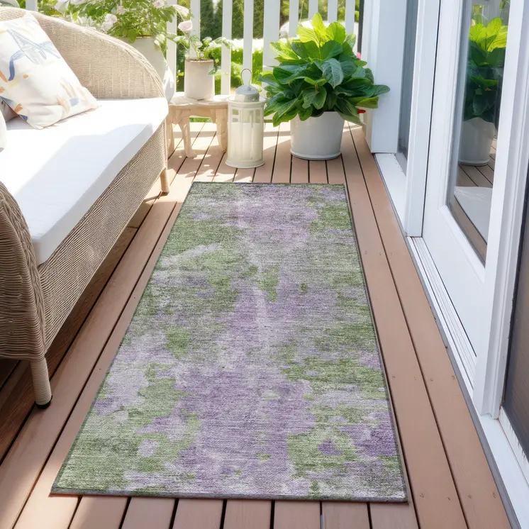 8' Runner Green and Purple Abstract Washable Non Skid Indoor Outdoor Runner Rug