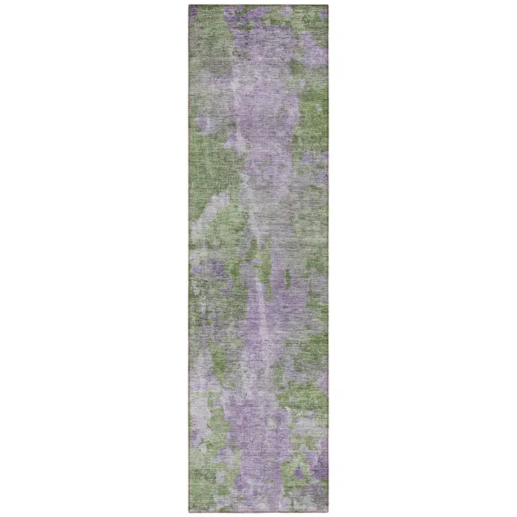 8' Runner Green and Purple Abstract Washable Non Skid Indoor Outdoor Runner Rug