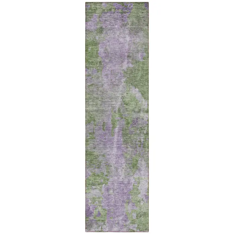 8' Runner Green and Purple Abstract Washable Non Skid Indoor Outdoor Runner Rug