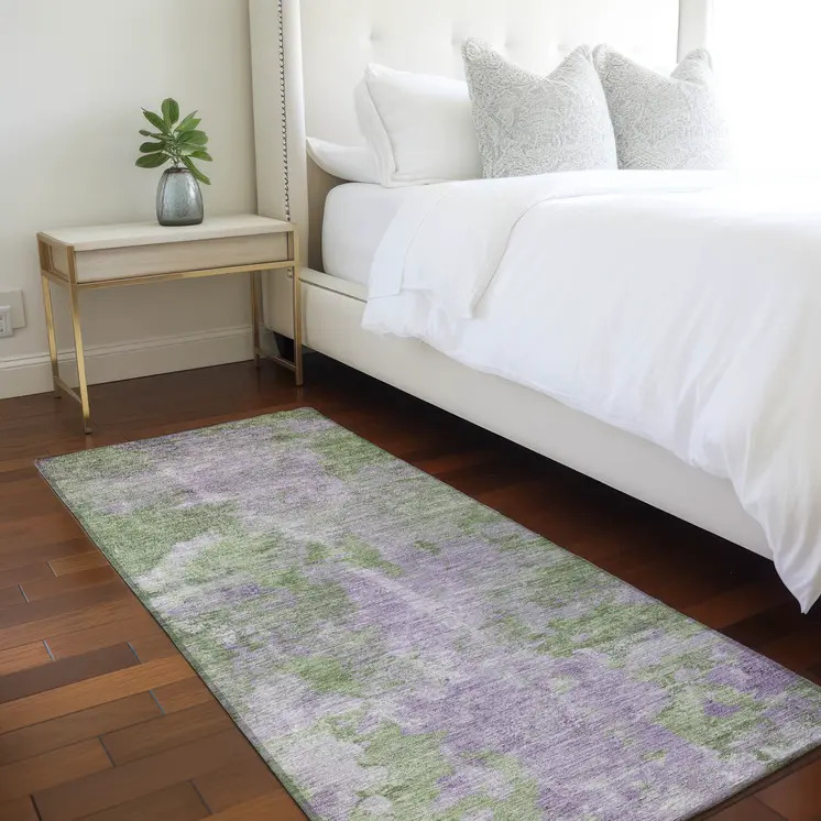 8' Runner Green and Purple Abstract Washable Non Skid Indoor Outdoor Runner Rug