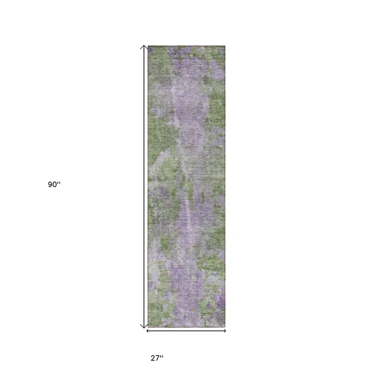 8' Runner Green and Purple Abstract Washable Non Skid Indoor Outdoor Runner Rug