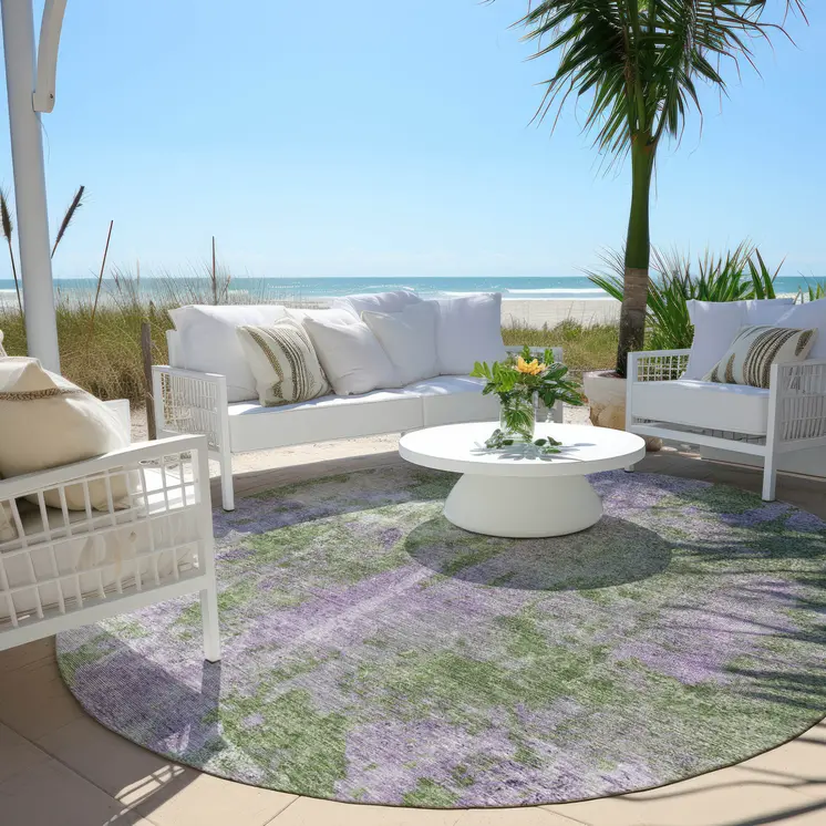 8' Green And Purple Round Abstract Washable Indoor Outdoor Area Rug