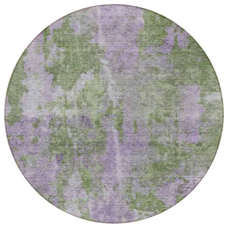 8' Green And Purple Round Abstract Washable Indoor Outdoor Area Rug