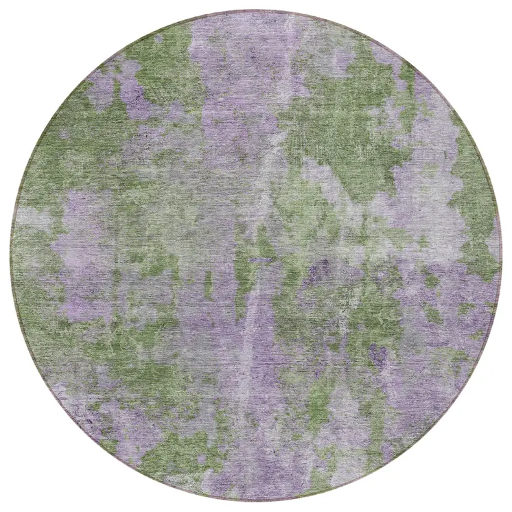 8' Green And Purple Round Abstract Washable Indoor Outdoor Area Rug
