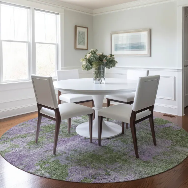 8' Green And Purple Round Abstract Washable Indoor Outdoor Area Rug
