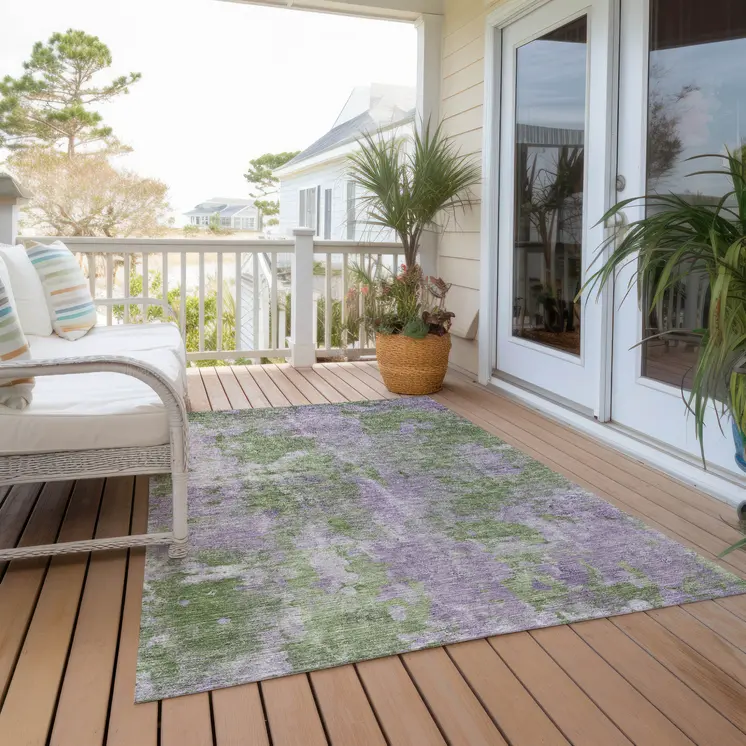 9' X 12' Green and Purple Abstract Washable Non Skid Indoor Outdoor Area Rug