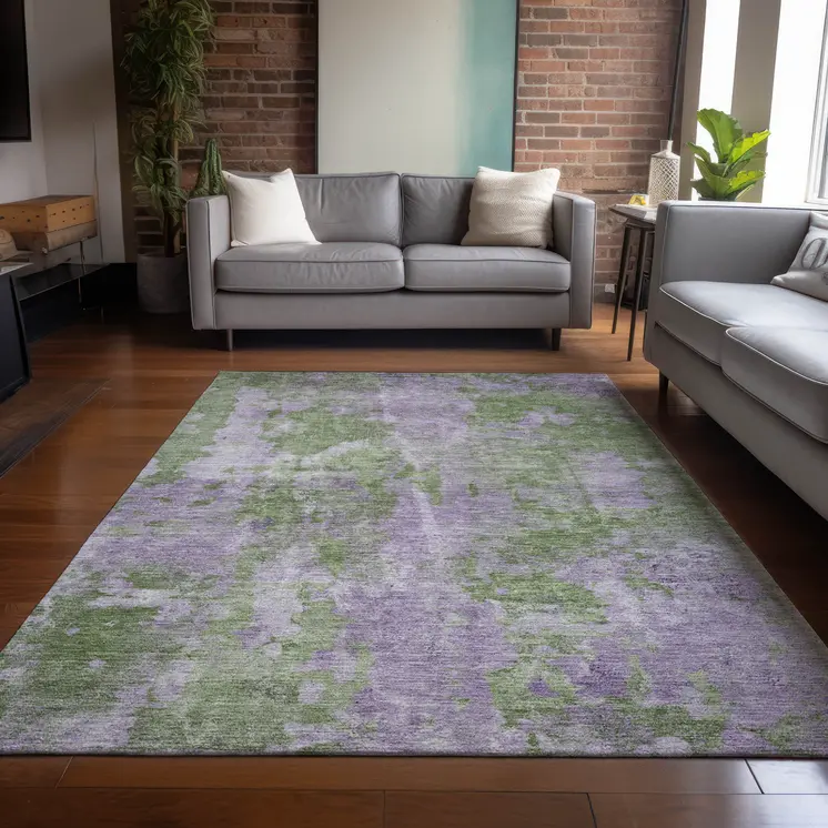 9' X 12' Green and Purple Abstract Washable Non Skid Indoor Outdoor Area Rug