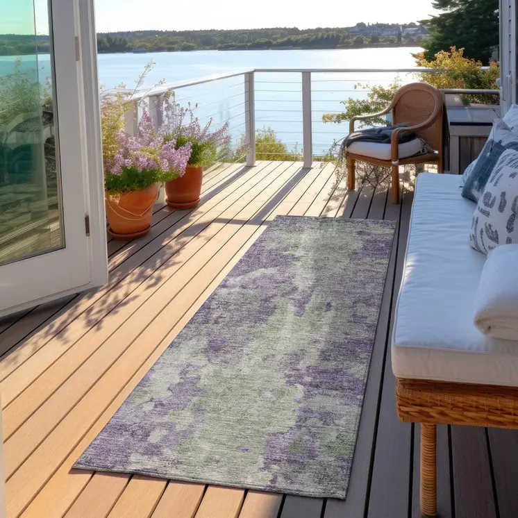 8' Runner Purple and Green Abstract Washable Non Skid Indoor Outdoor Runner Rug